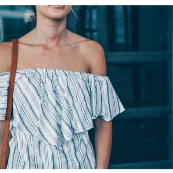 WAYF Blue White Pullover Striped Off the Shoulder Blouse Top Size XS Made in USA - Picture 7 of 16